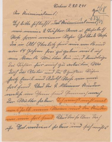 Brief Anna Rose an Kriminalamt Schwerin, 20. August 1941 (Stadtarchiv Waren, ohne Signatur)