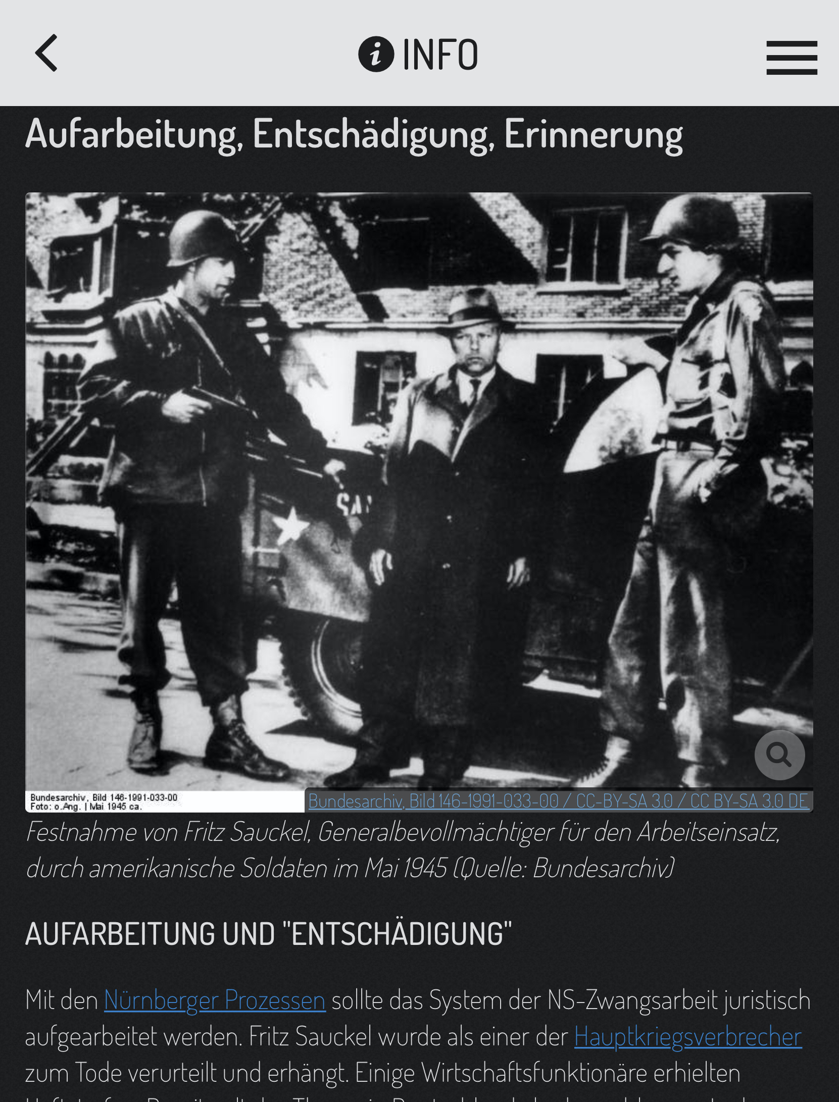 Screenshot einer Infoseite aus dem Actionbound "#SPURENSUCHEdigital - Zwangsarbeit in Neubrandenburg" (Quelle: Lukas Wieczorek)